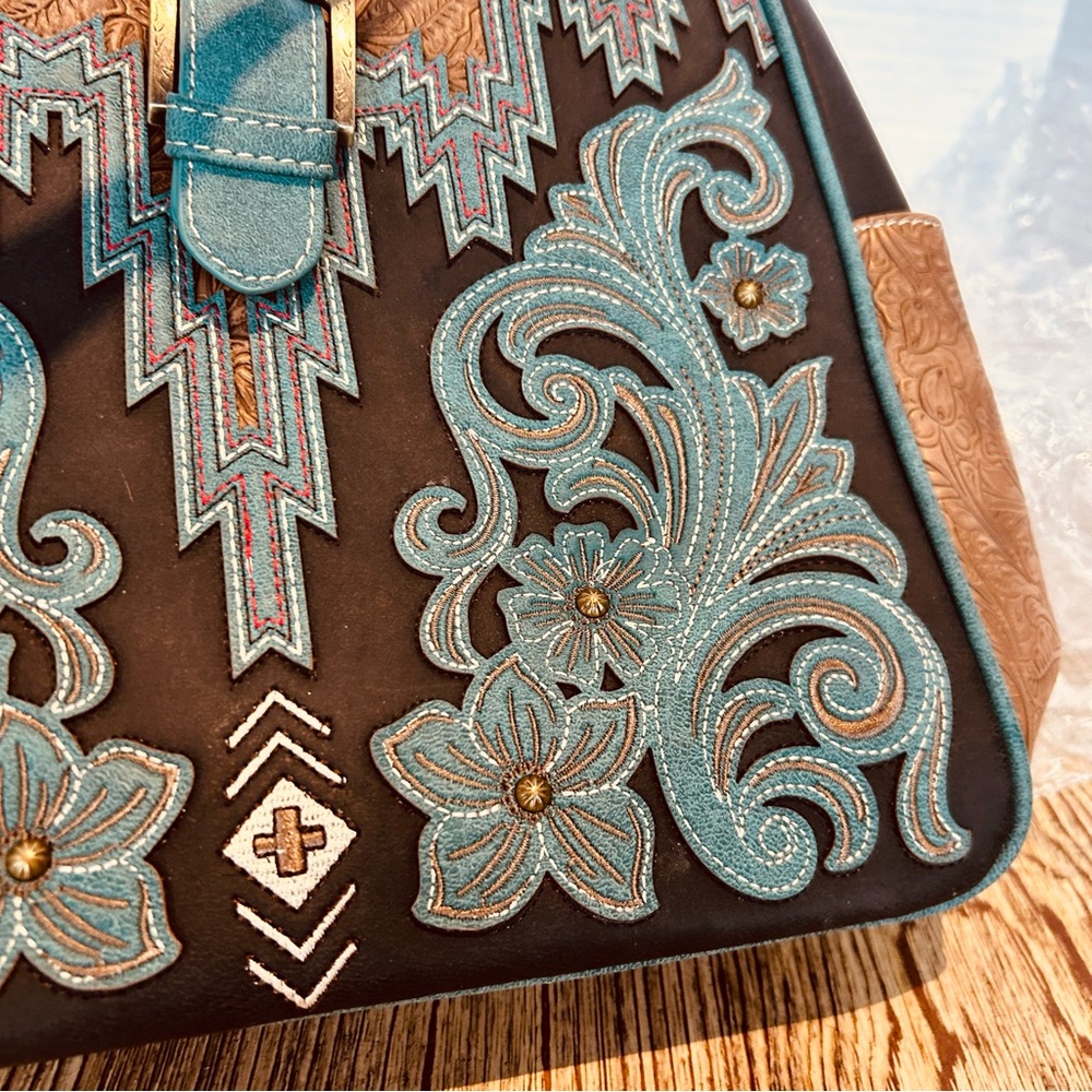 Montana West Embroidered Shoulder Handbag - Black and Brown Aztec Western Design - Picture 7 of 8
